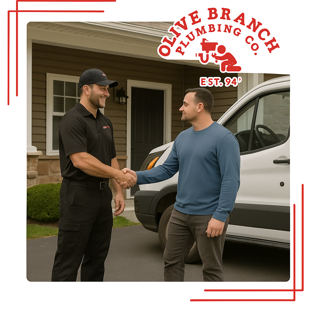 Plumber shakes hands with a client in front of a house, next to a work van.
