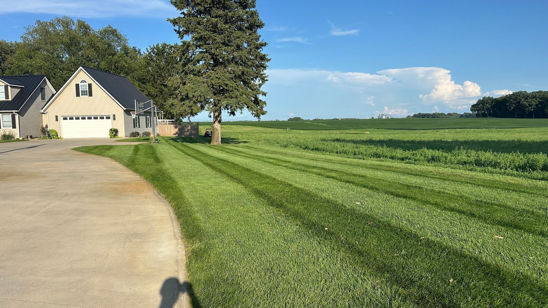 Suburban house beside a curved driveway and wide green lawn under a clear blue sky