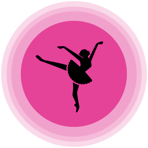 Silhouette of a ballerina in an arabesque pose against a pink and white circular background