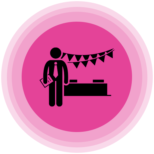 Person in a suit standing in a corporate event logo