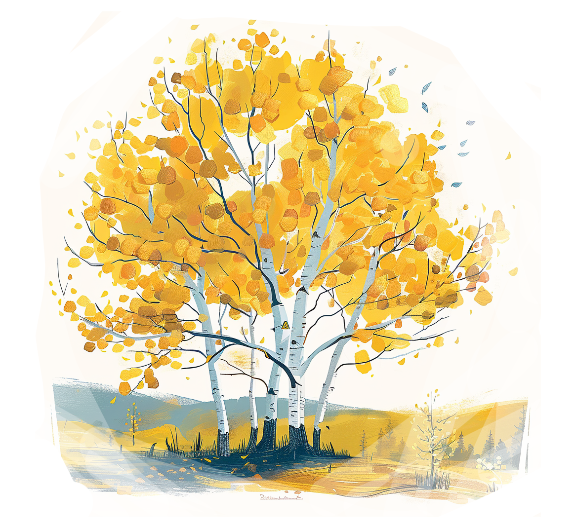 A painting of a birch tree with yellow leaves on a white background.