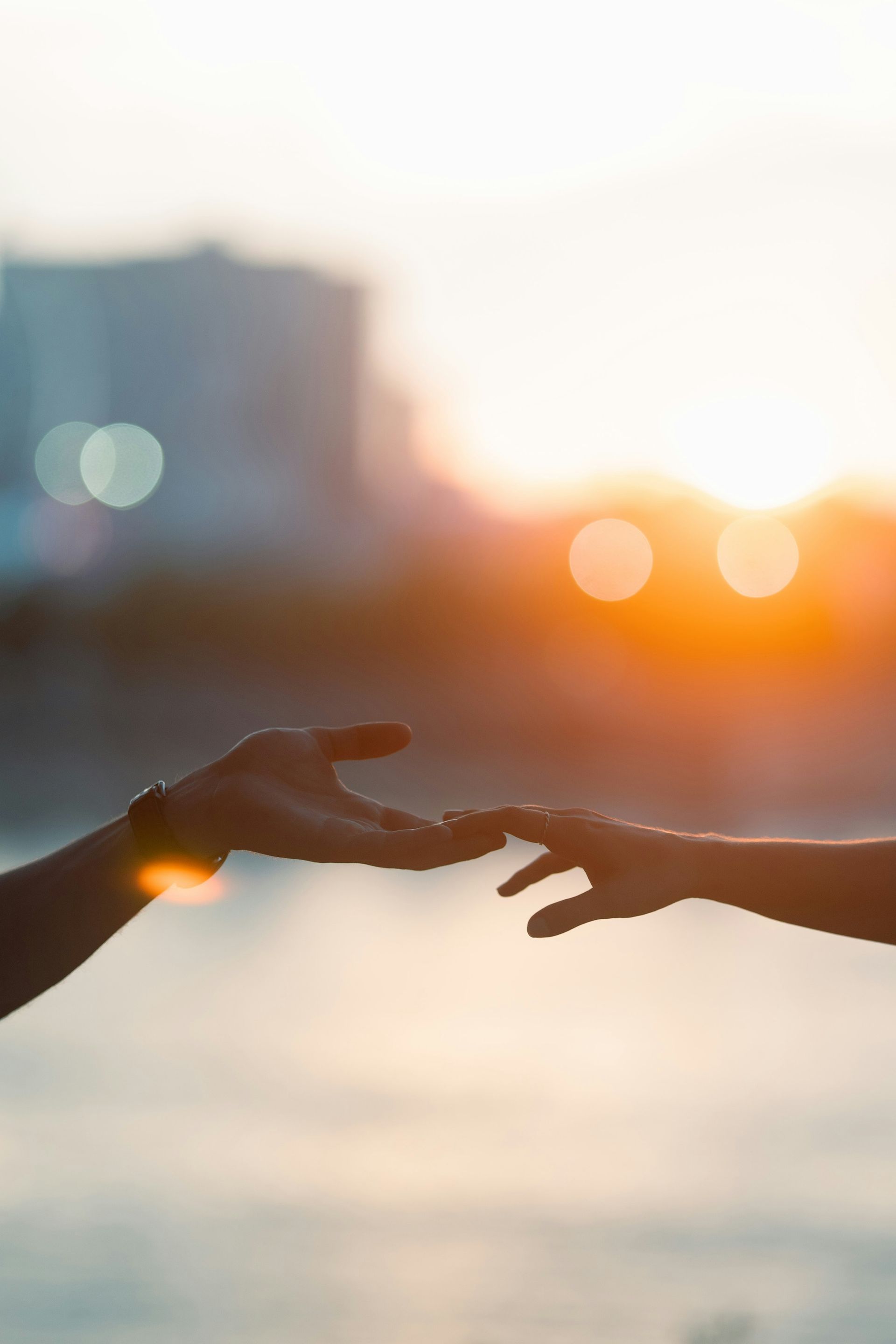 Two people are reaching for each other 's hands at sunset.