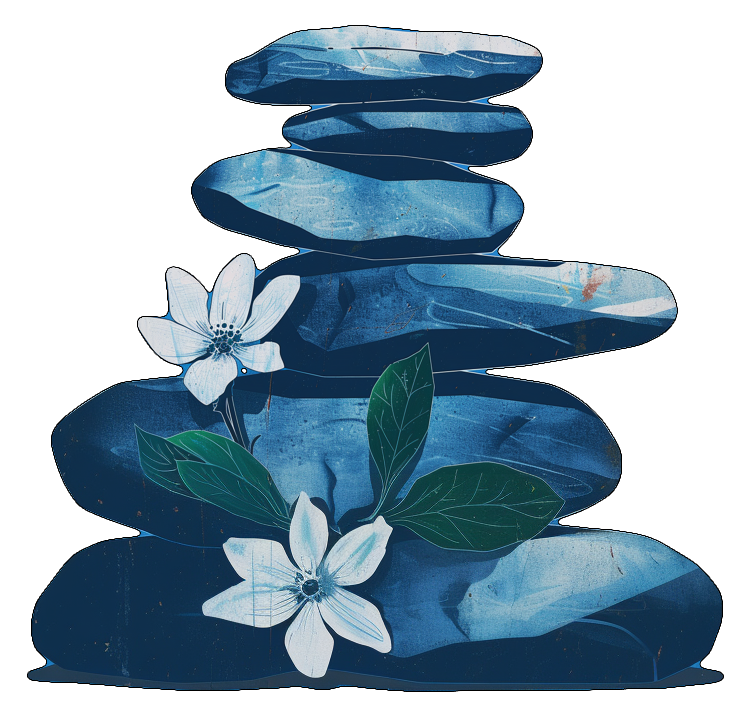 A stack of blue rocks with white flowers and green leaves