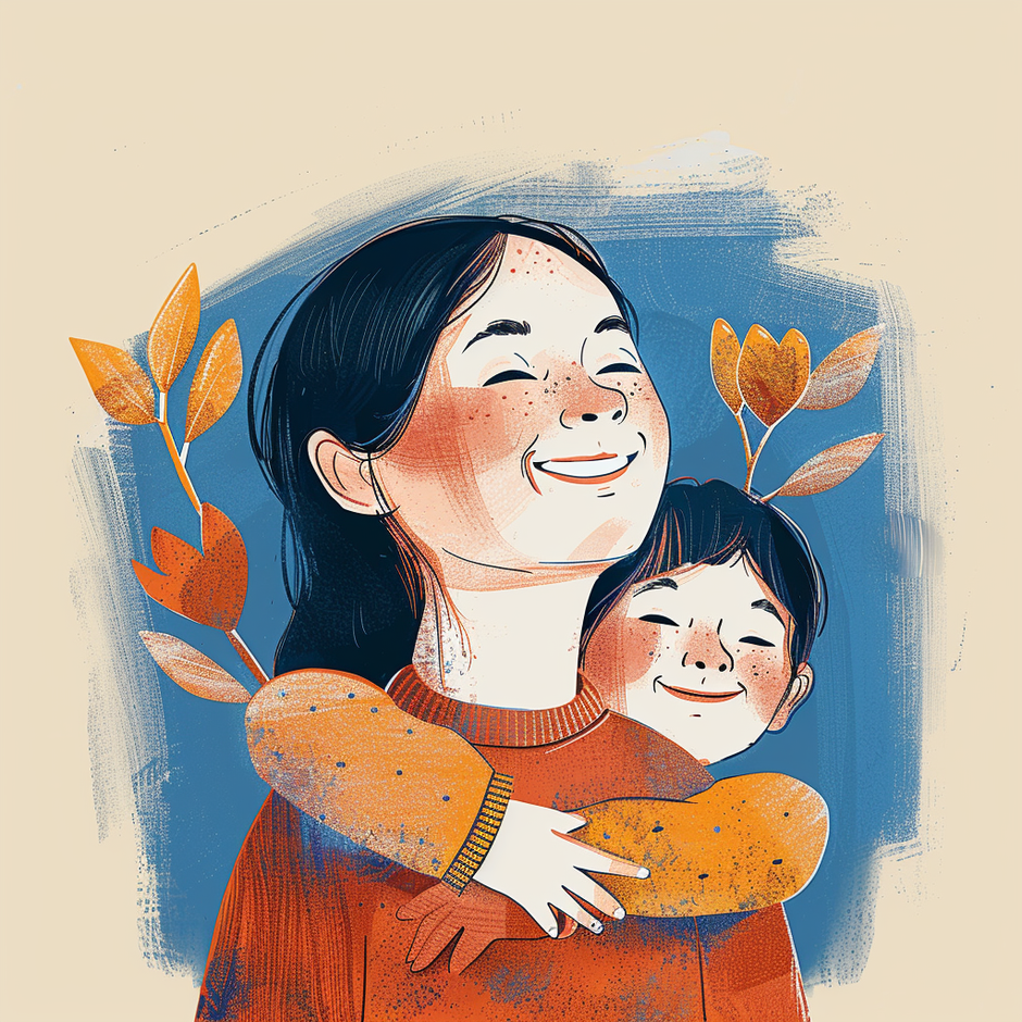 A woman is holding a child on her shoulders and smiling.