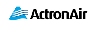 A logo for actron air with a blue triangle on a white background