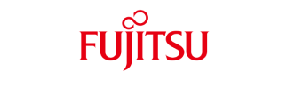 The fujitsu logo is red and white on a white background.