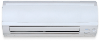 A white air conditioner is sitting on a white wall