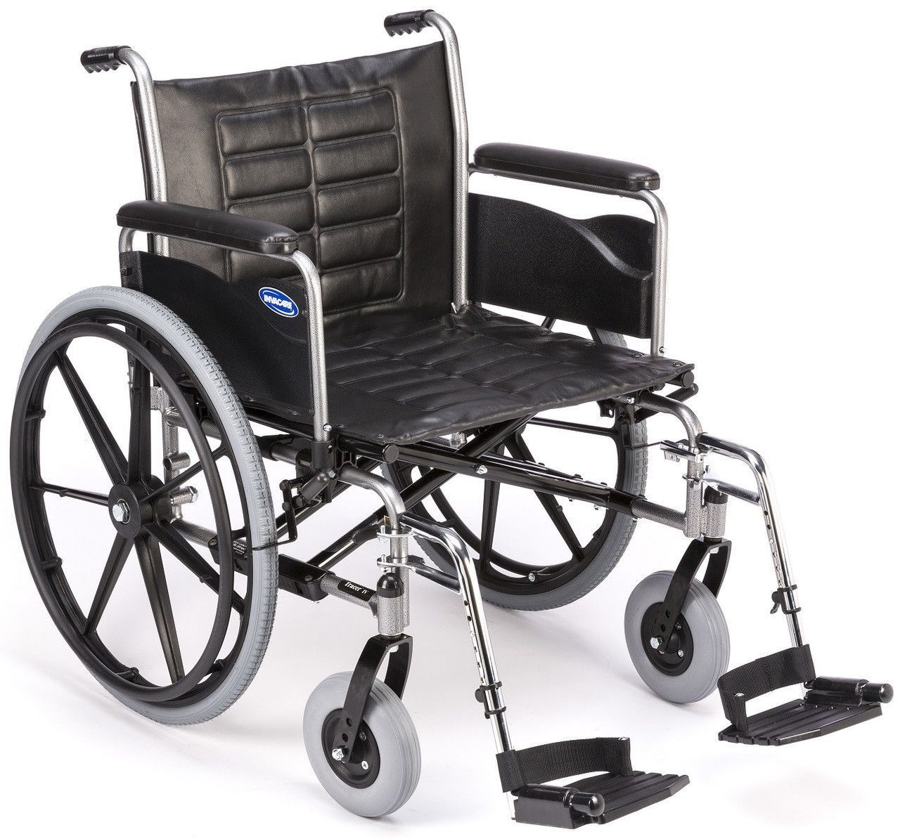 A black wheelchair with gray wheels on a white background.