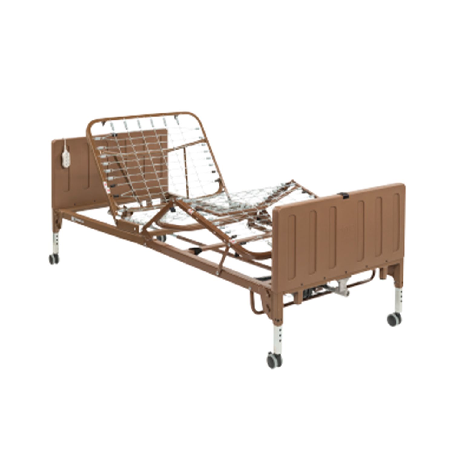 A brown hospital bed with wheels on a white background.