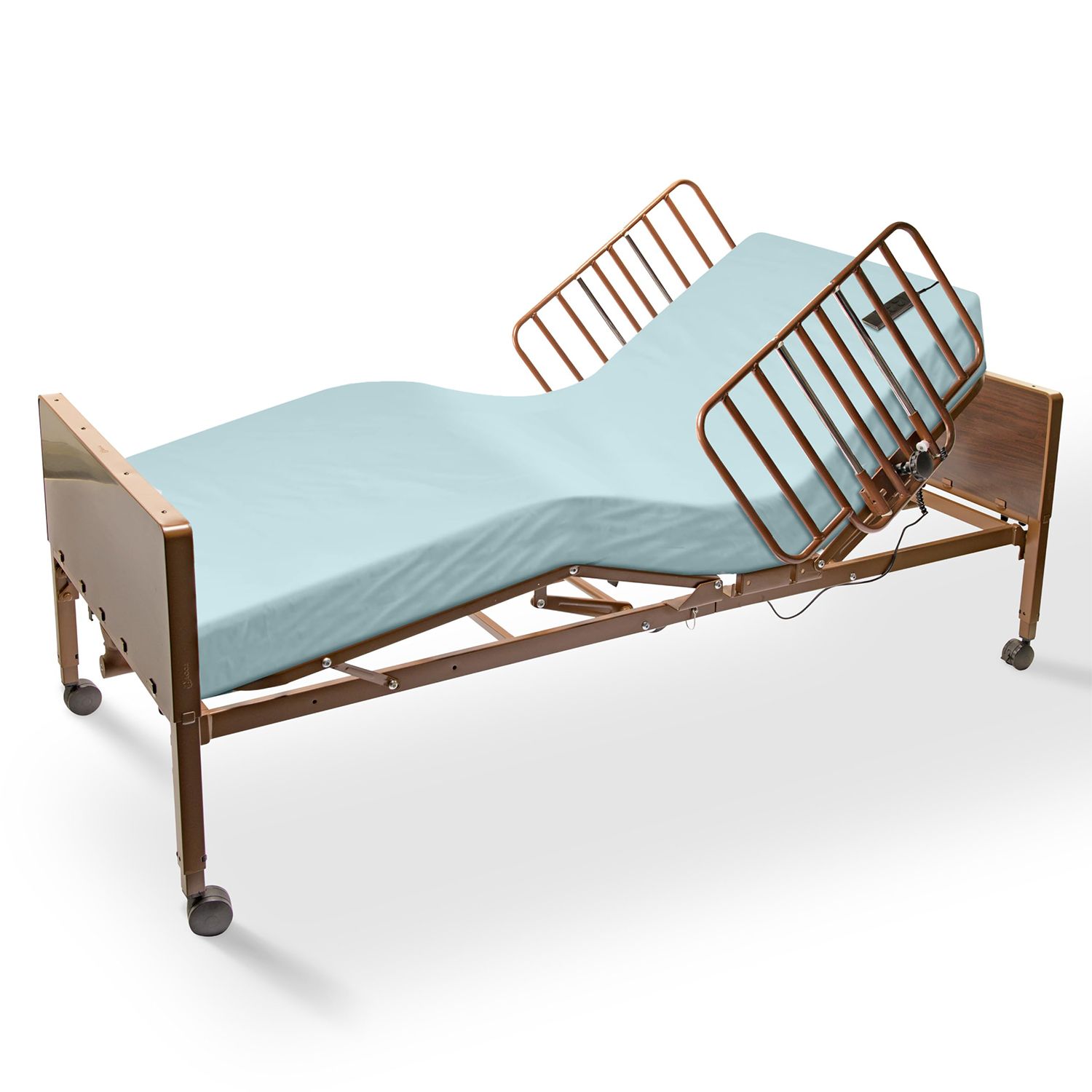 A hospital bed with a blue mattress and a metal railing.