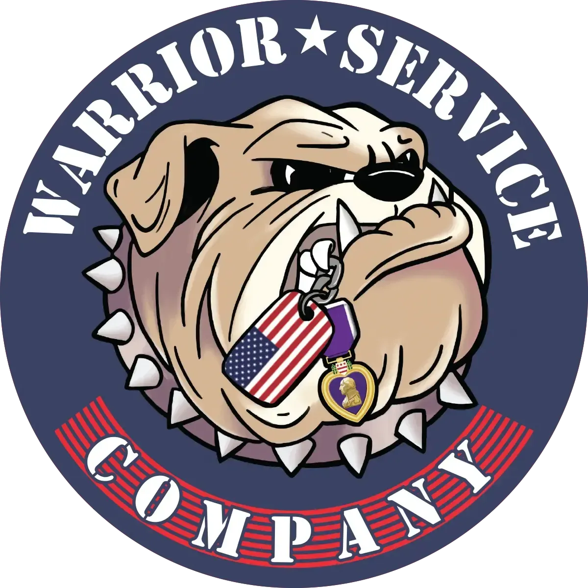 A black and white drawing of a bulldog with a tag in its mouth.