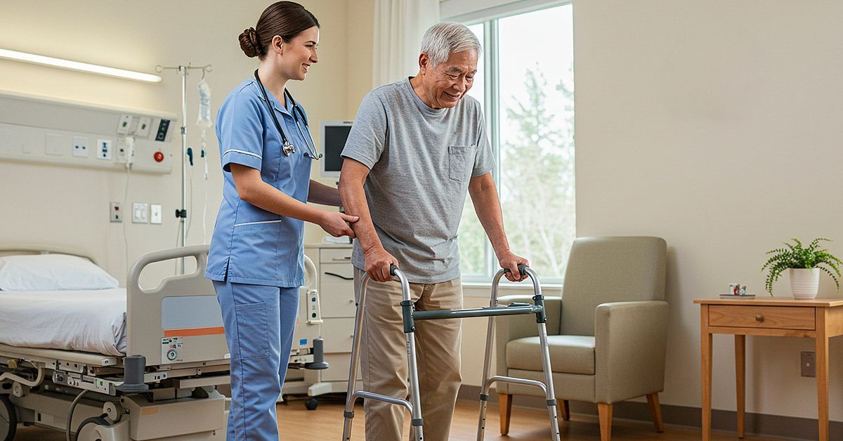 Close-up of hands gripping a walker used for balance and walking support