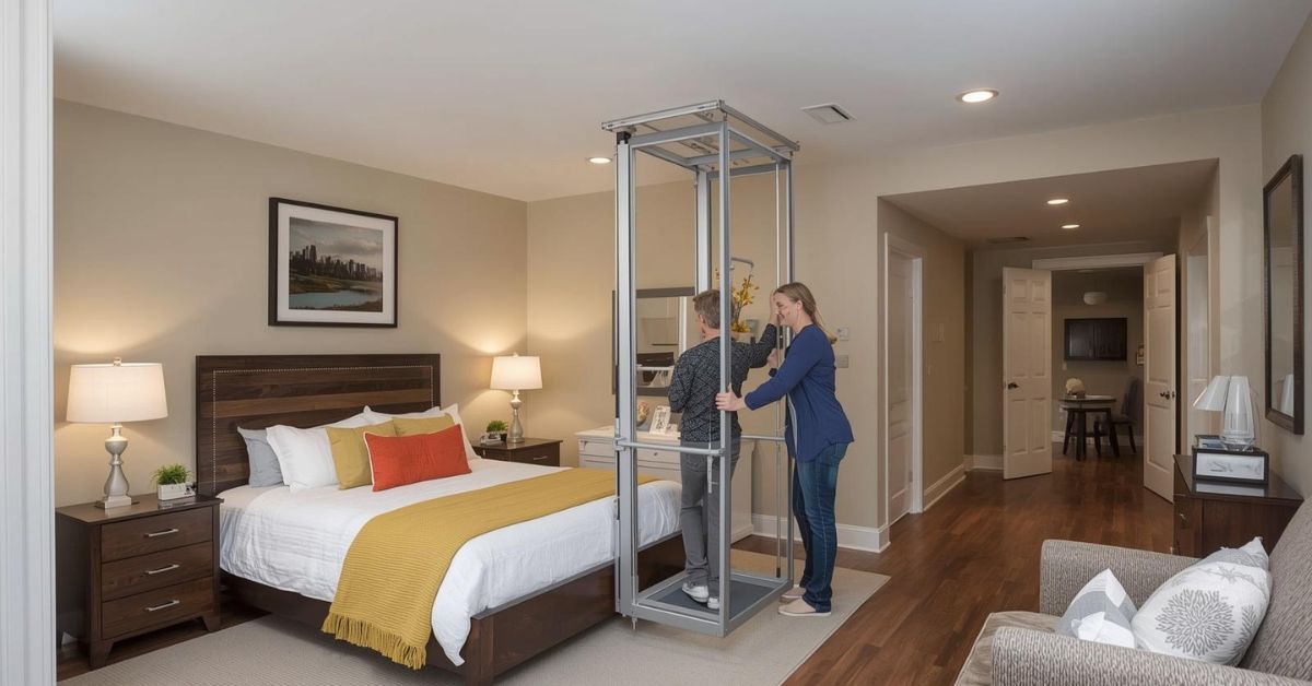 Nurse operating a ceiling-mounted patient transfer lift system in a residential bedroom to aid patient mobility.