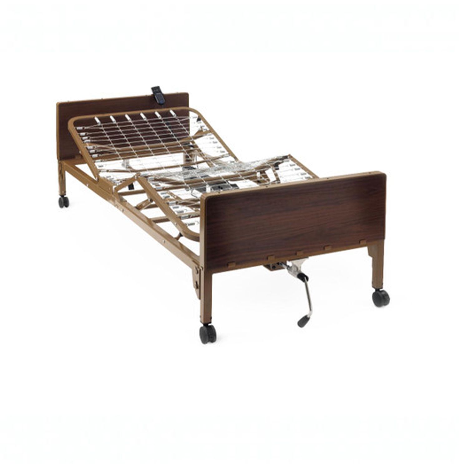 A wooden hospital bed with wheels on a white background