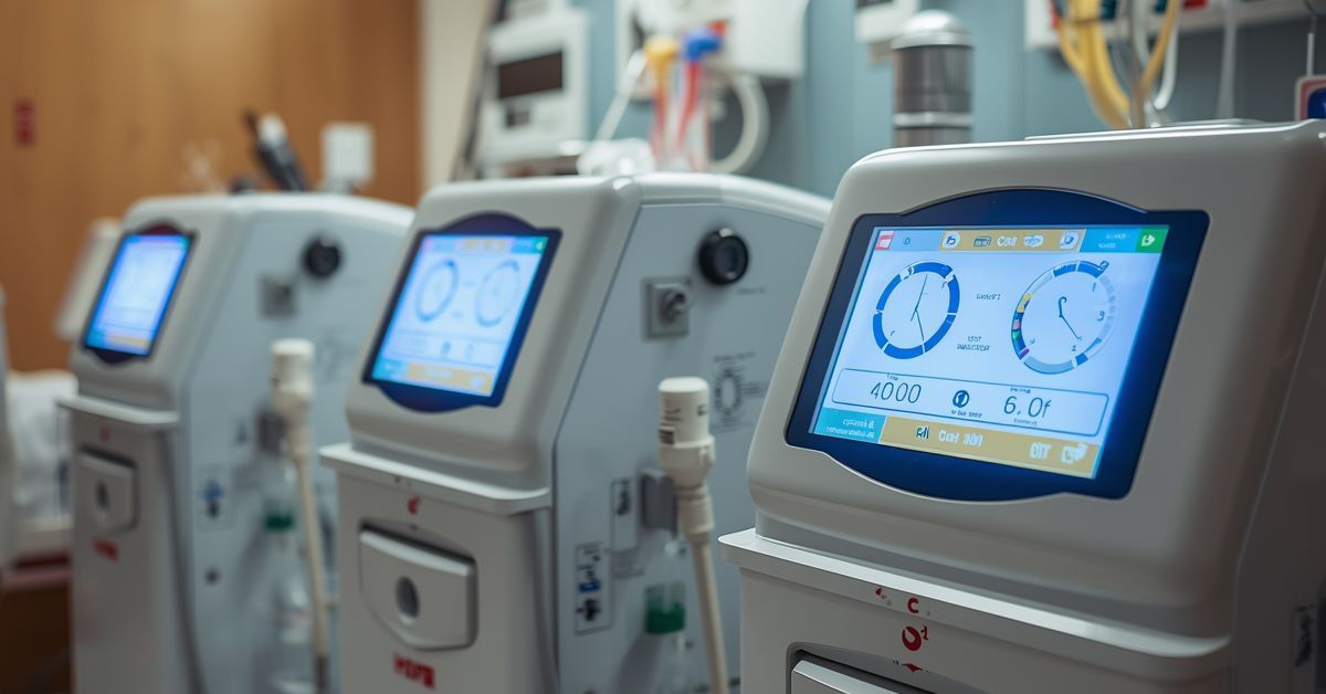 A close-up of a high-tech medical oxygen concentrator screen in a hospital ward, showing digital circular graphs for oxygen concentration and flow rate data.