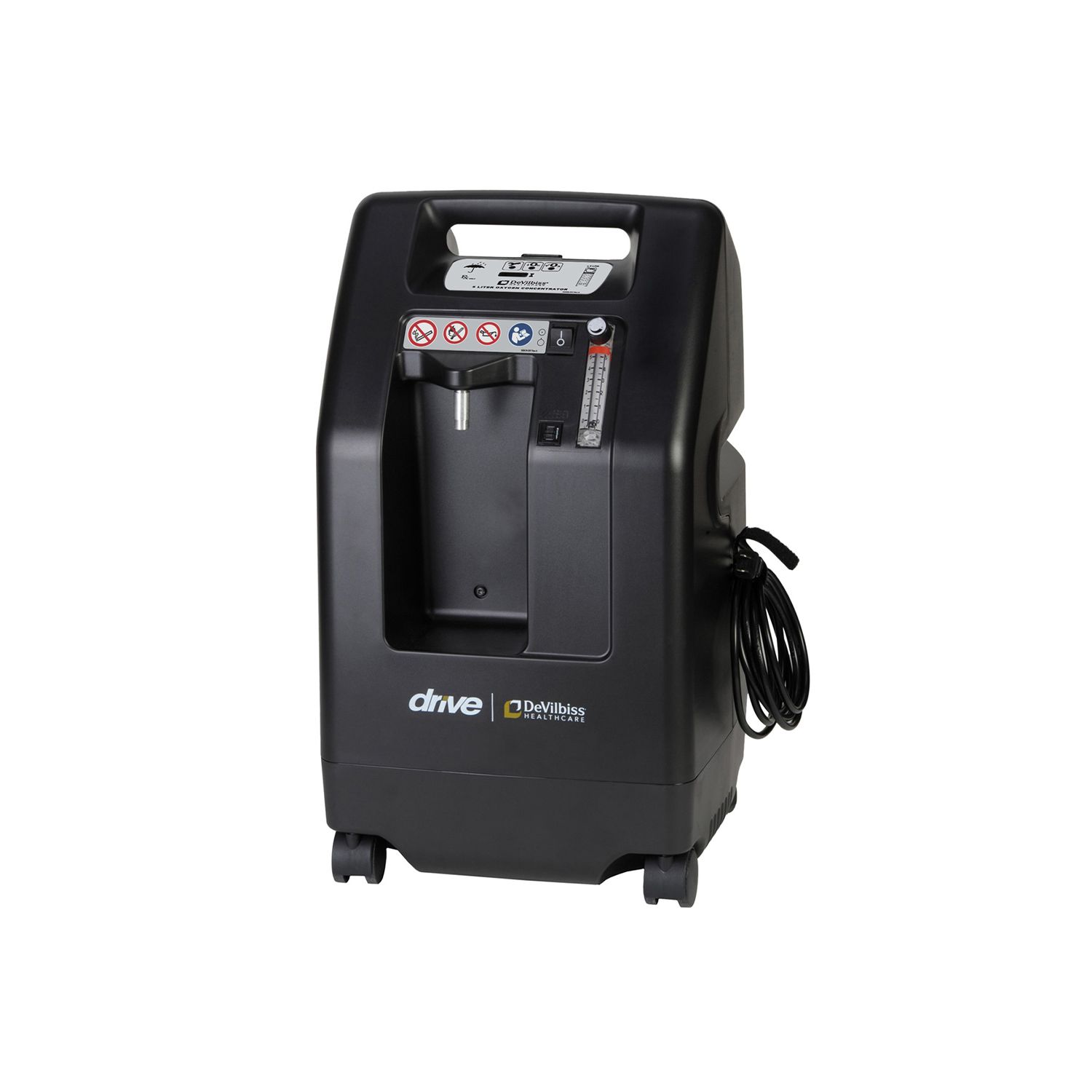 A black oxygen concentrator with wheels on a white background.