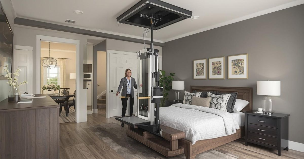 Caregiver assisting a patient into a mobile hydraulic patient lift in a comfortable home living room setting.