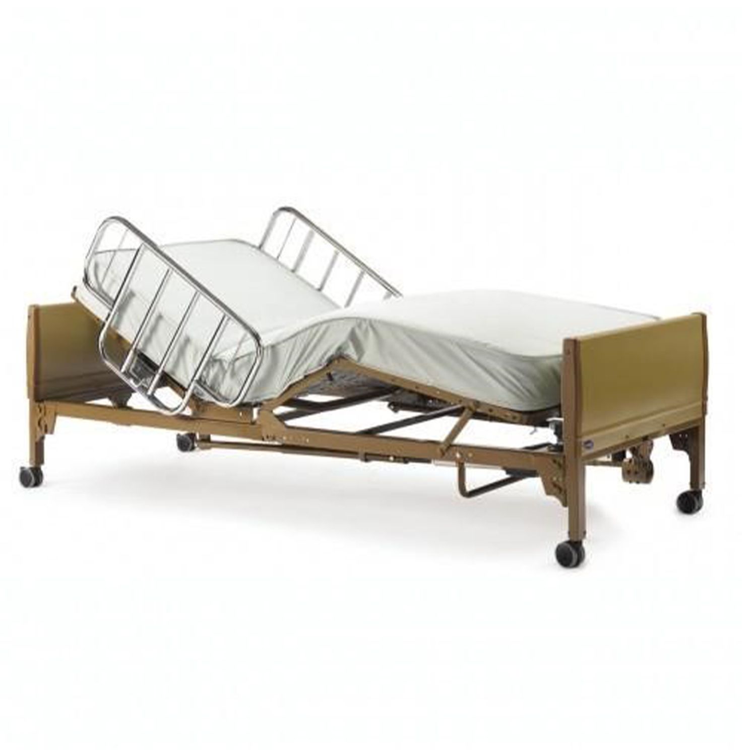 A hospital bed with wheels and a mattress on a white background.