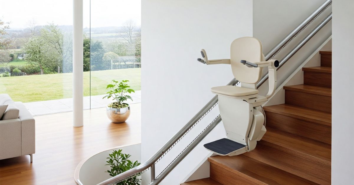 Stairlift installed on wooden stairs to support safe movement between floors.
