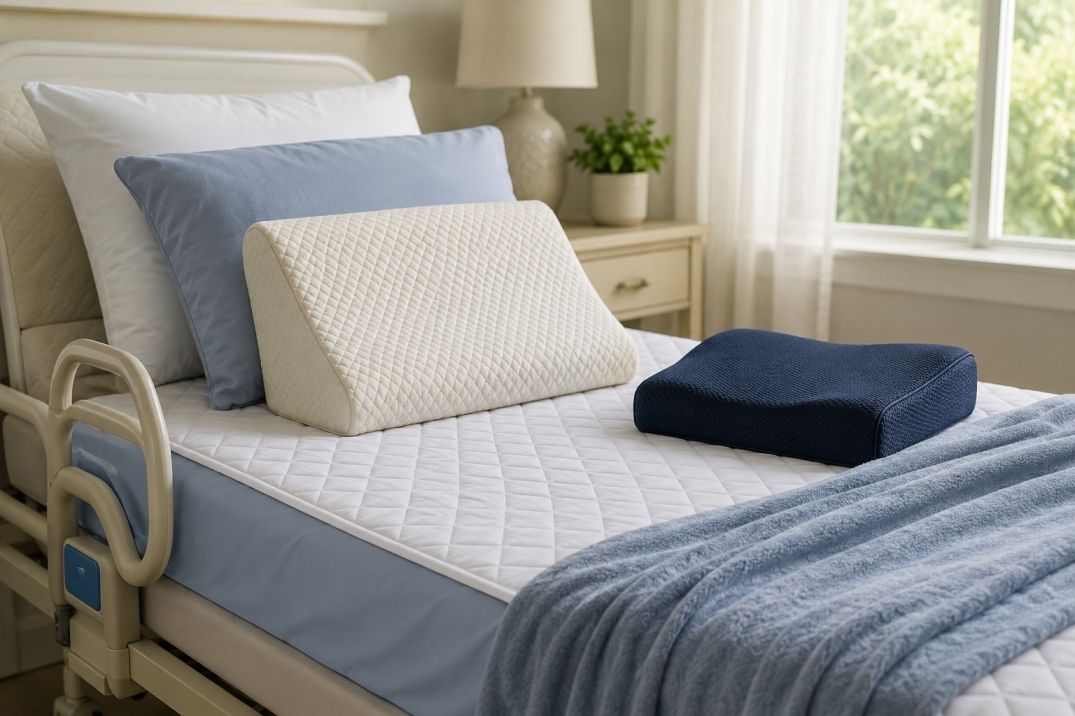 medical bedding accessories with supportive pillows and adjustable home care bed for seniors and vet