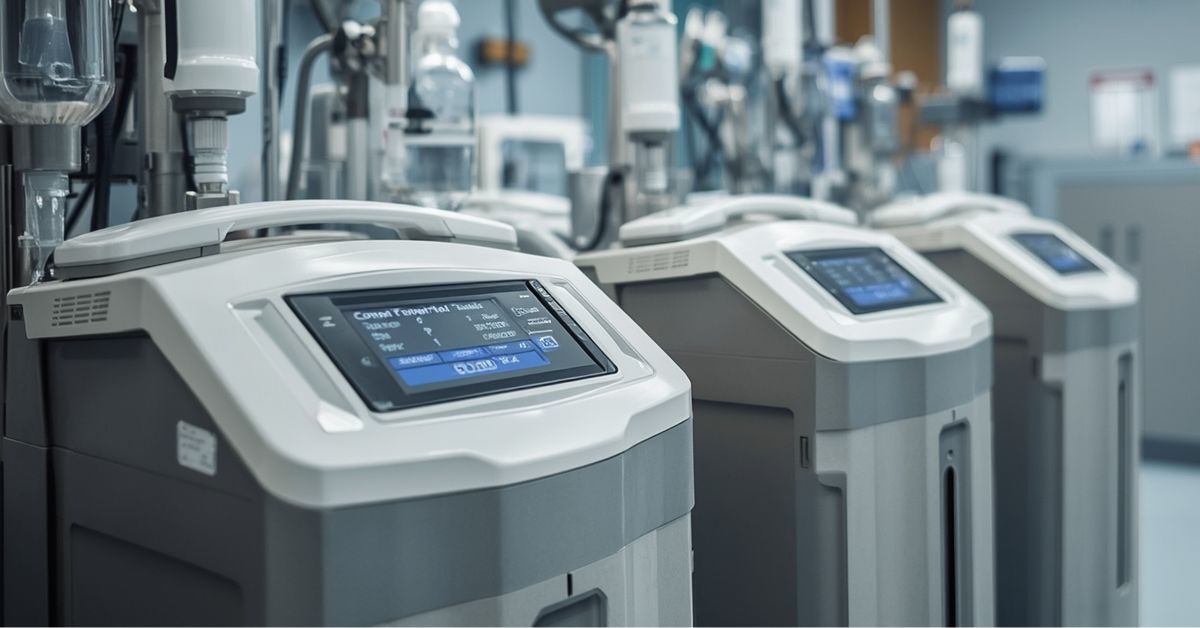 A row of professional medical oxygen concentrators in a clinical testing facility, featuring digital
