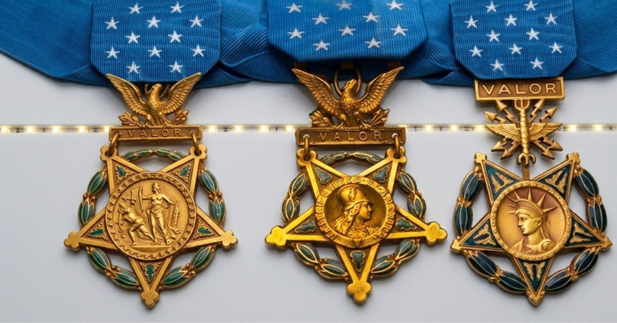 A high-definition close-up of the three versions of the United States Medal of Honor (Army, Navy, an