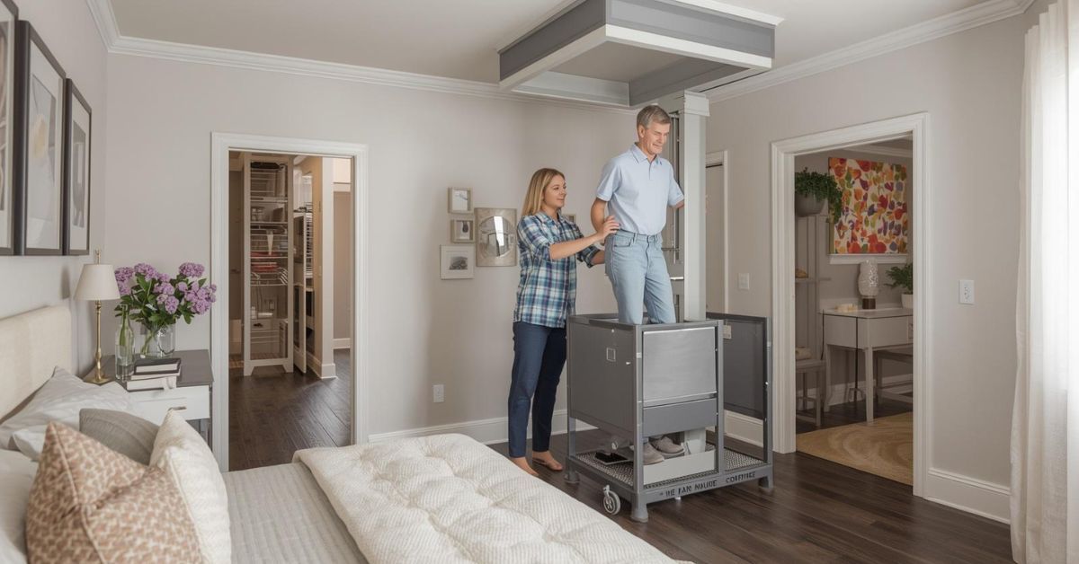 Caregiver providing support to a patient standing inside an upright mobility transfer aid in a modern bedroom.