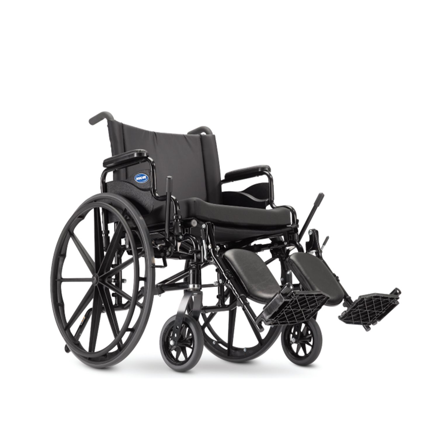 A black wheelchair with a footrest on a white background.