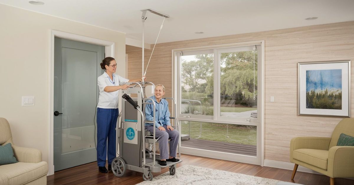 A medical professional or caregiver safely assisting a patient into a mobile transfer lift device in