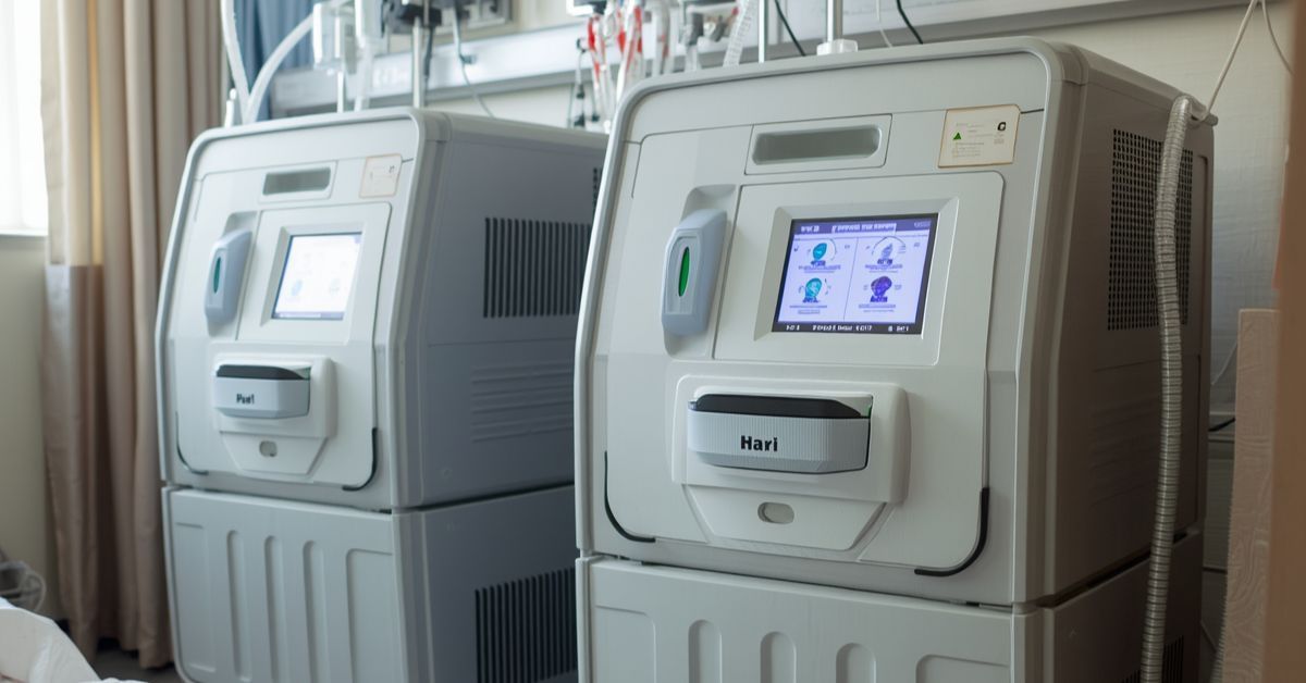 Two large, stationary medical oxygen concentrators with integrated 