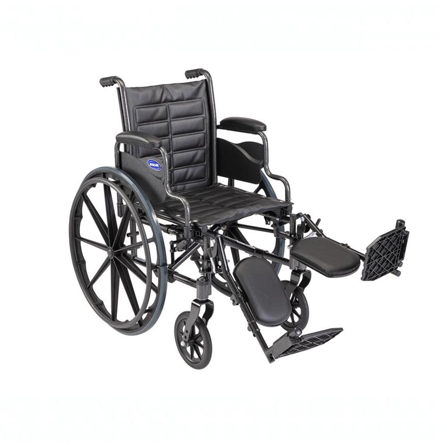 A black wheelchair with leg rests on a white background.