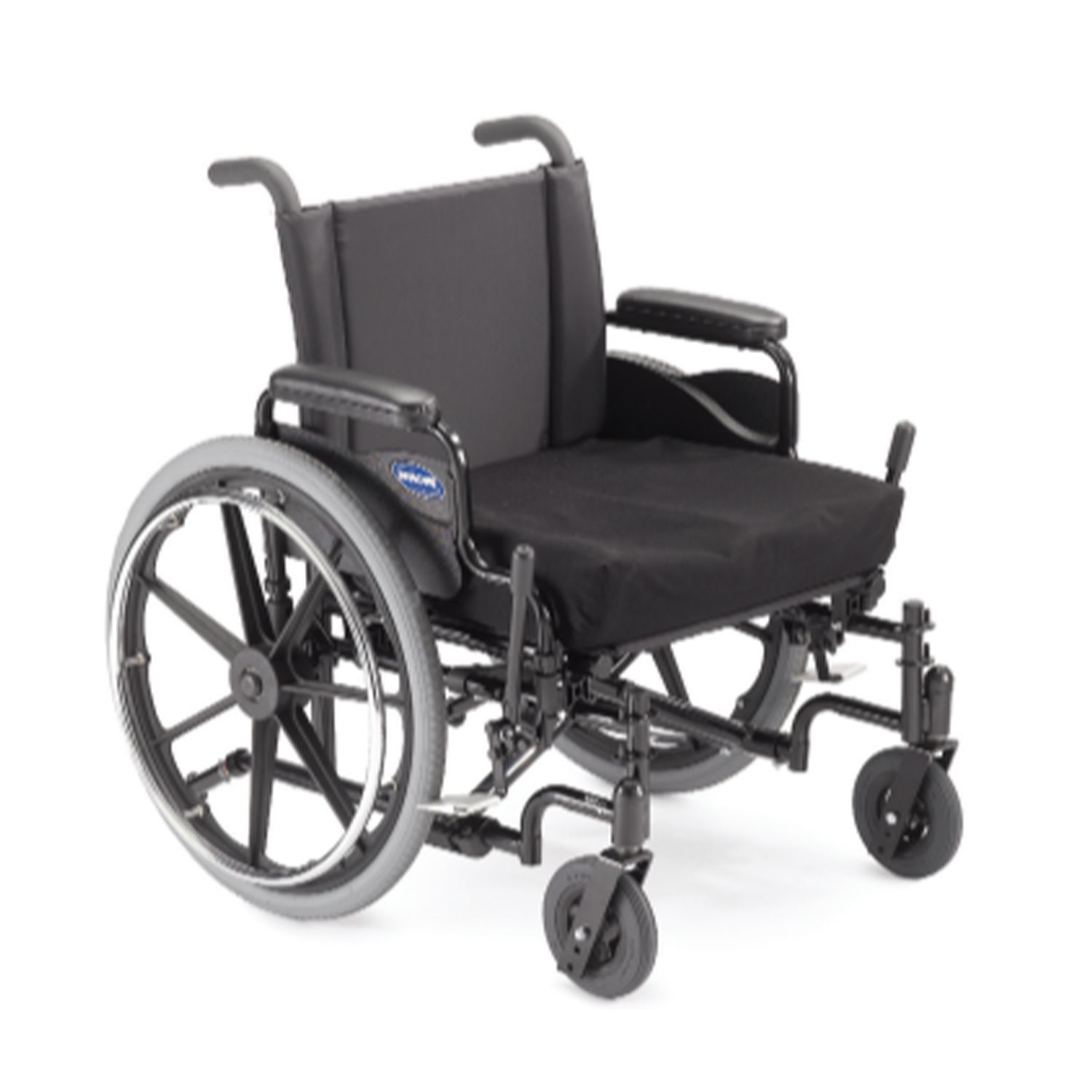 A black wheelchair with white wheels on a white background