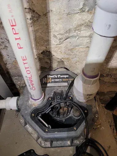 A Liberty Pumps 404 series drain pump system with open access panel, installed against a concrete basement wall.
