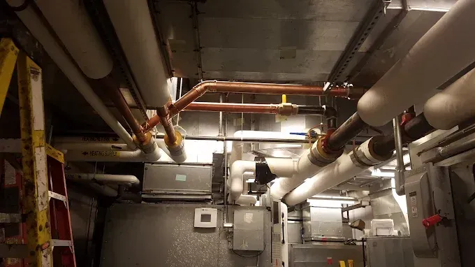 An industrial basement ceiling featuring complex metal pipework and ducting, with a ladder visible on the left.