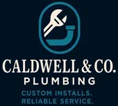 Logo for Caldwell & Co. Plumbing featuring a wrench and pipe icon with the text "Custom installs. Reliable service."