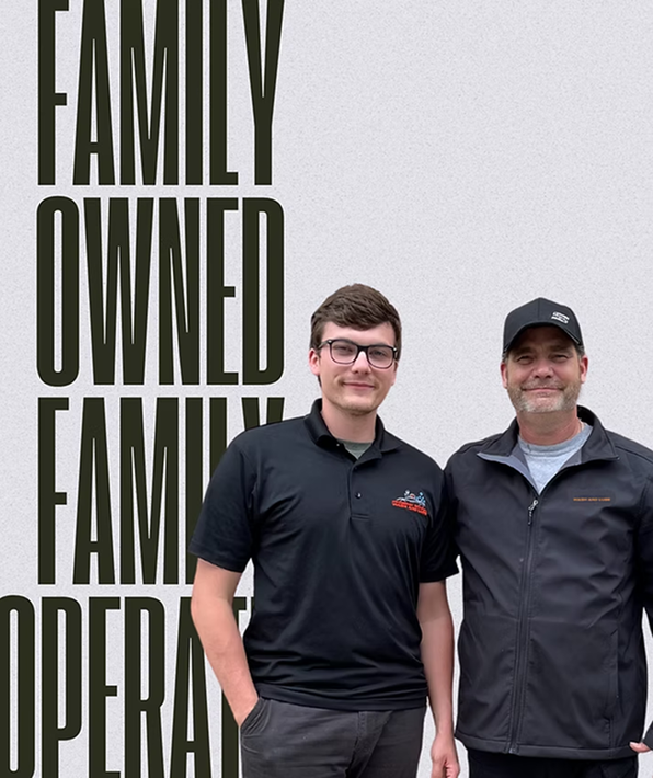 Two men standing in front of a sign that says family owned family opera
