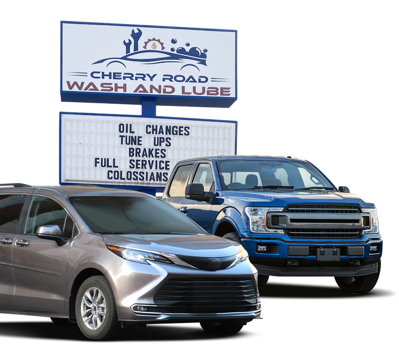 shop sign with blue truck and van | Cherry Road Wash and Lube