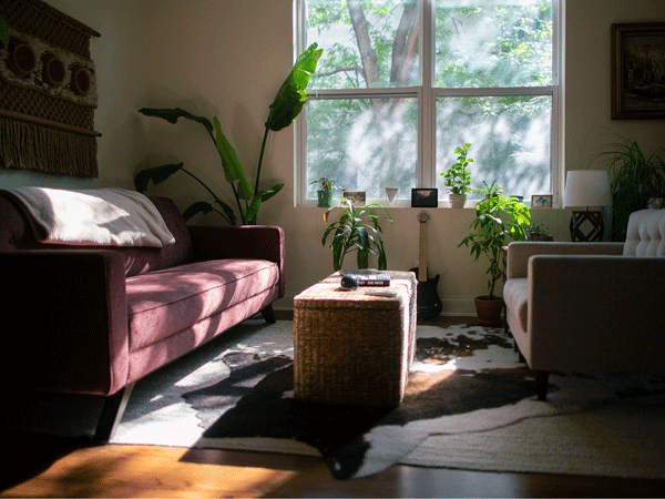 A home living room with a window to the outside.