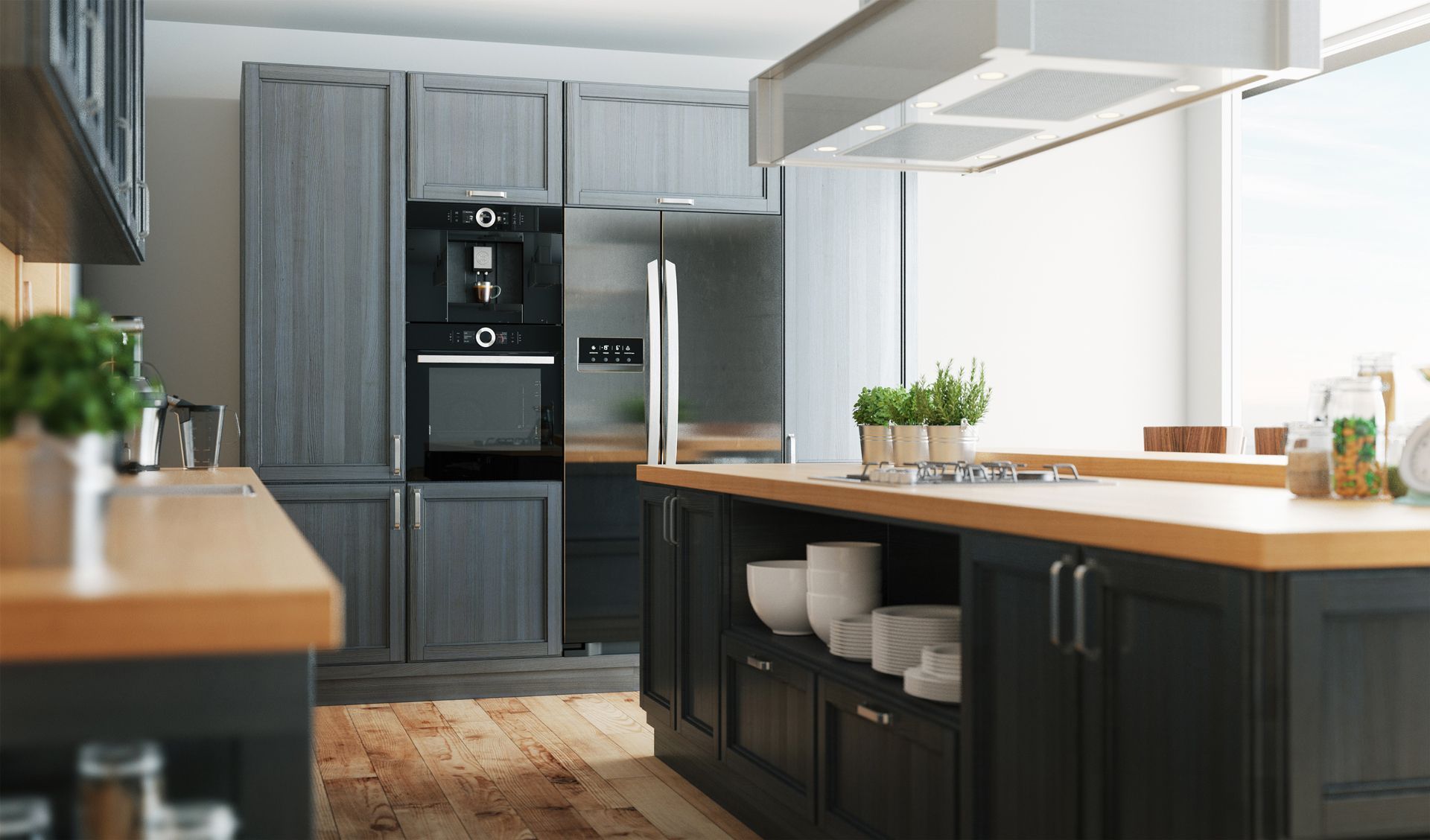 A kitchen with blue cabinets and a white counter top.