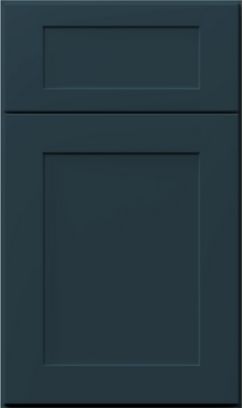 A close up of a blue cabinet door on a white background.