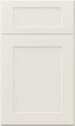 A close up of a white cabinet door on a white background.