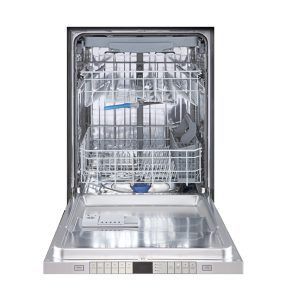 A stainless steel dishwasher with the door open on a white background.