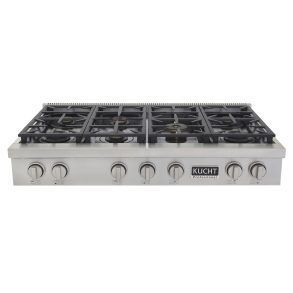 Stainless steel gas range with six burners and control knobs.