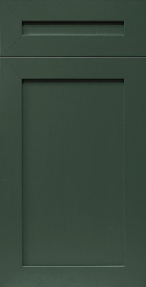 Dark green kitchen cabinet door with rectangular panel and horizontal handle groove.