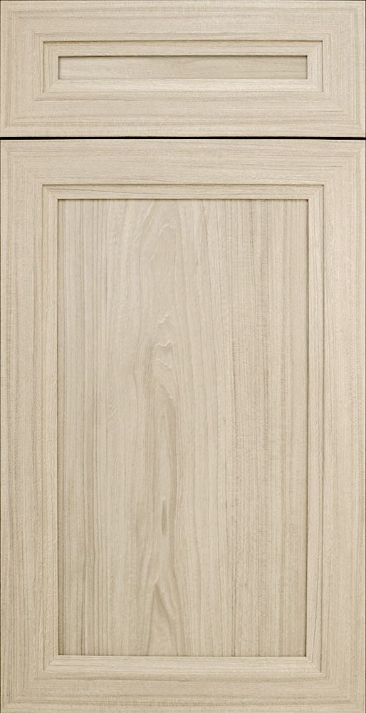 Light wood-toned kitchen cabinet door with recessed panel and horizontal top accent.