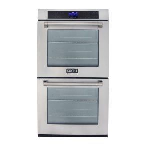 A stainless steel double oven with glass doors on a white background.