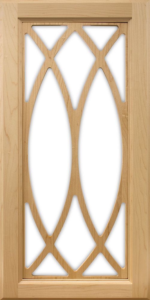Wooden cabinet door with decorative diamond and arched cutouts, showcasing the white interior.