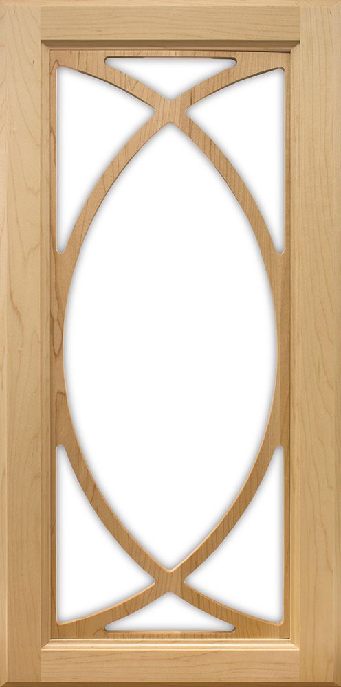 Wooden cabinet door with a decorative, oval-shaped cut-out.