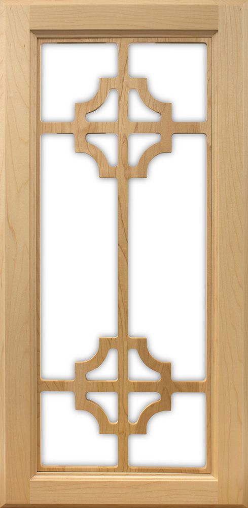 Wooden cabinet door with cut-out geometric design and a clear pane.