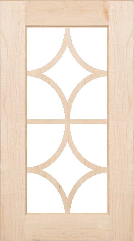 A wooden cabinet door with a stained glass design on it.